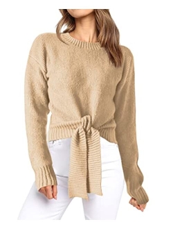 Okiwam Women's Long Sleeve Cropped Knit Sweater Tie Front Crew Neck Solid Color Ribbed Pullover 2023 Casual Tops Jumper