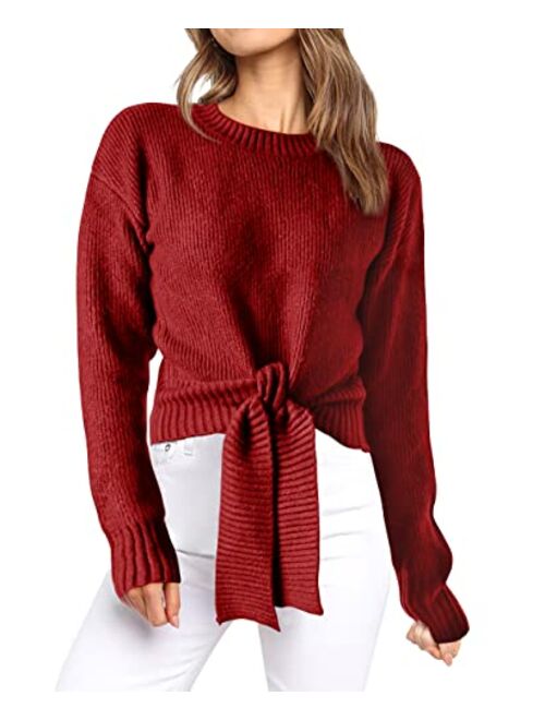 Okiwam Women's Long Sleeve Cropped Knit Sweater Tie Front Crew Neck Solid Color Ribbed Pullover 2023 Casual Tops Jumper