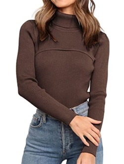 Women's Fall Fashion Turtleneck Pullover Sweaters Casual Long Sleeve Cable Knit Fitted Jumper Tops