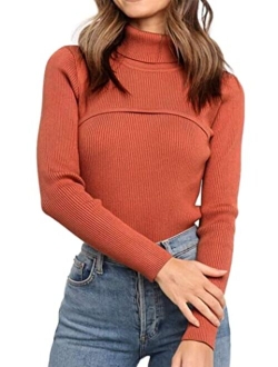 Women's Fall Fashion Turtleneck Pullover Sweaters Casual Long Sleeve Cable Knit Fitted Jumper Tops