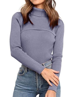 Women's Fall Fashion Turtleneck Pullover Sweaters Casual Long Sleeve Cable Knit Fitted Jumper Tops