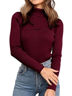 Women's Fall Fashion Turtleneck Pullover Sweaters Casual Long Sleeve Cable Knit Fitted Jumper Tops