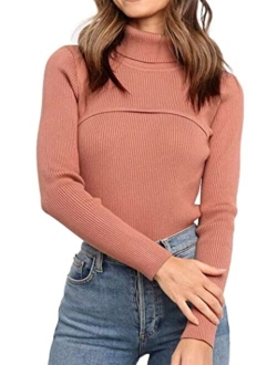 Women's Fall Fashion Turtleneck Pullover Sweaters Casual Long Sleeve Cable Knit Fitted Jumper Tops