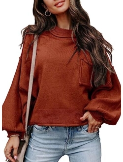 AlvaQ Women's 2023 Lantern Long Sleeve Crewneck Sweater Casual Solid Color Ribbed Hem Knitwear Pullover Cropped Tops