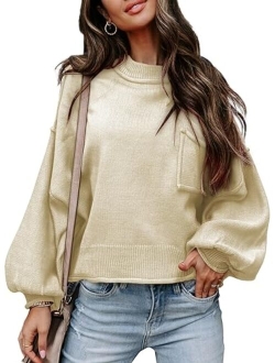 AlvaQ Women's 2023 Lantern Long Sleeve Crewneck Sweater Casual Solid Color Ribbed Hem Knitwear Pullover Cropped Tops