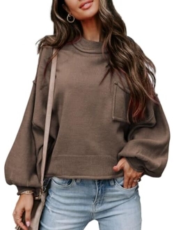 AlvaQ Women's 2023 Lantern Long Sleeve Crewneck Sweater Casual Solid Color Ribbed Hem Knitwear Pullover Cropped Tops