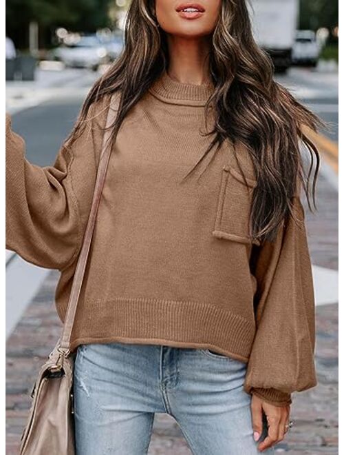 AlvaQ Women's 2023 Lantern Long Sleeve Crewneck Sweater Casual Solid Color Ribbed Hem Knitwear Pullover Cropped Tops