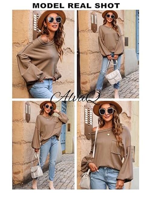 AlvaQ Women's 2023 Lantern Long Sleeve Crewneck Sweater Casual Solid Color Ribbed Hem Knitwear Pullover Cropped Tops