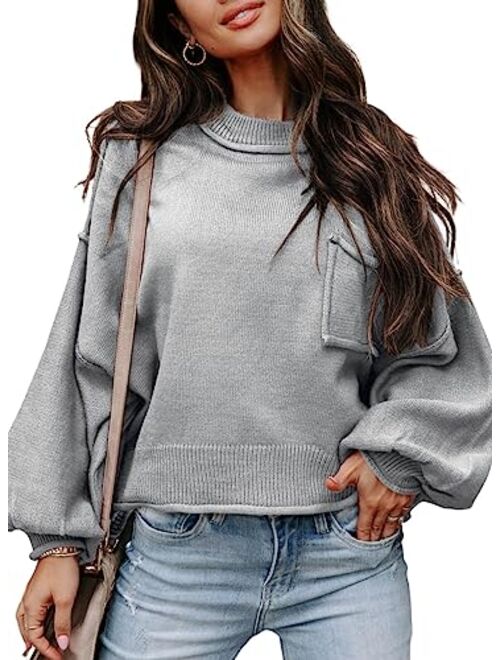 AlvaQ Women's 2023 Lantern Long Sleeve Crewneck Sweater Casual Solid Color Ribbed Hem Knitwear Pullover Cropped Tops