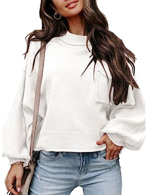 AlvaQ Women's 2023 Lantern Long Sleeve Crewneck Sweater Casual Solid Color Ribbed Hem Knitwear Pullover Cropped Tops