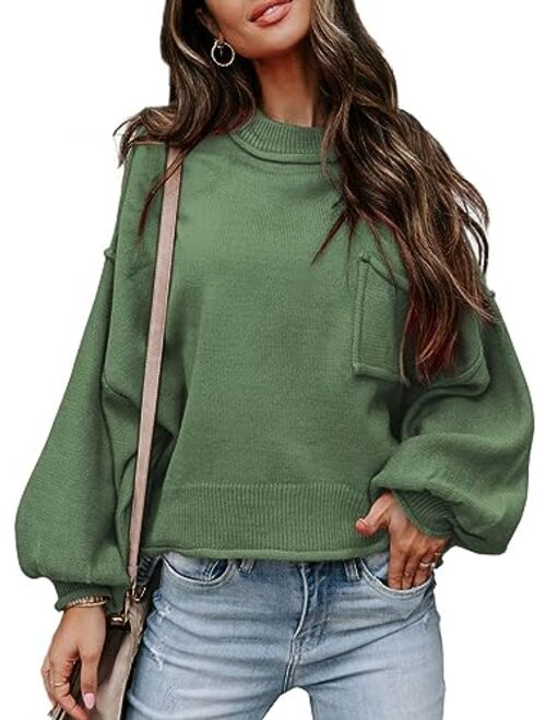 AlvaQ Women's 2023 Lantern Long Sleeve Crewneck Sweater Casual Solid Color Ribbed Hem Knitwear Pullover Cropped Tops