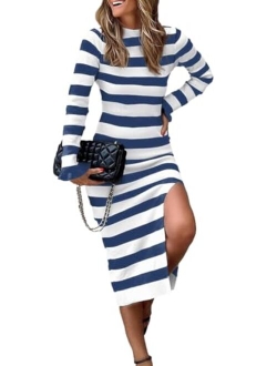 BLENCOT Women Sweater Dress Long Sleeve Striped Mock Neck Bodycon Trendy Slit Ribbed Fall Maxi Dresses