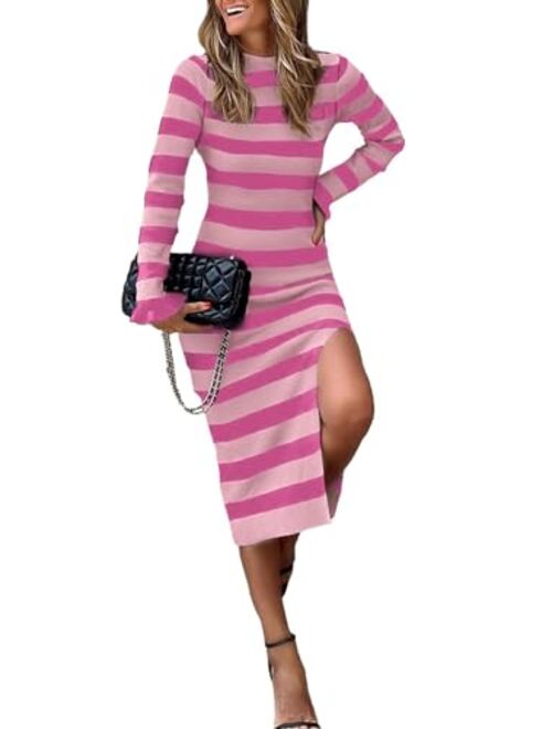 BLENCOT Women Sweater Dress Long Sleeve Striped Mock Neck Bodycon Trendy Slit Ribbed Fall Maxi Dresses