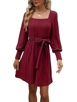 Zwurew Women's 2023 Fall Long Sleeve Sweater Dress Wrap Square Neck Knit Babydoll Mini Short Dresses with Belt