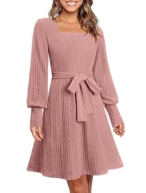 Zwurew Women's 2023 Fall Long Sleeve Sweater Dress Wrap Square Neck Knit Babydoll Mini Short Dresses with Belt