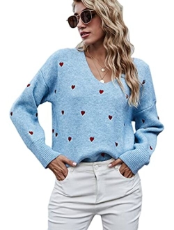 ECOWISH Women Valentine Heart Sweater V Neck Embroidery Knit Loose Casual Long Sleeve Ribbed Pullover Sweaters