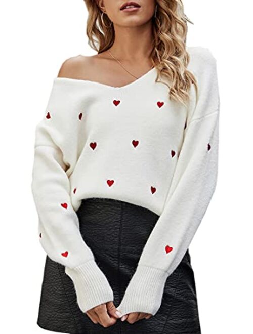 ECOWISH Women Valentine Heart Sweater V Neck Embroidery Knit Loose Casual Long Sleeve Ribbed Pullover Sweaters