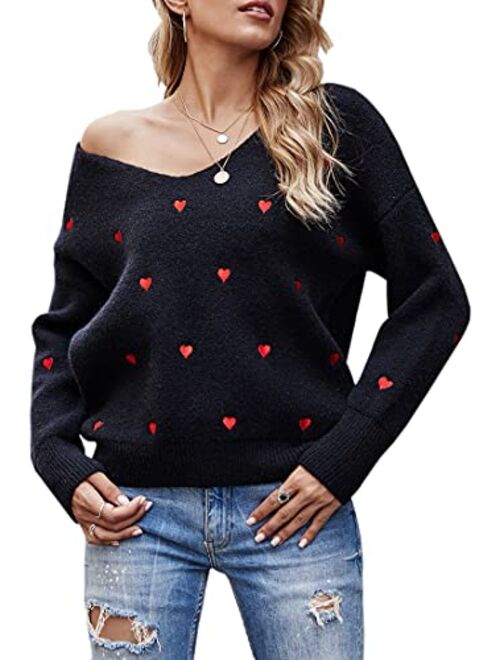 ECOWISH Women Valentine Heart Sweater V Neck Embroidery Knit Loose Casual Long Sleeve Ribbed Pullover Sweaters