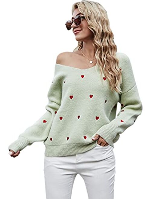 ECOWISH Women Valentine Heart Sweater V Neck Embroidery Knit Loose Casual Long Sleeve Ribbed Pullover Sweaters