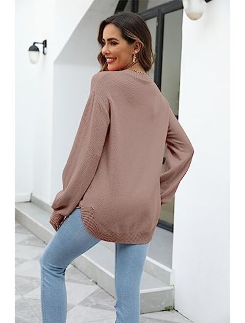 Etcyy New Women's 2023 Sweaters Trendy Fall Waffle Knit Sweater Tops Long Balloon Sleeve Loose Pullover Jumper