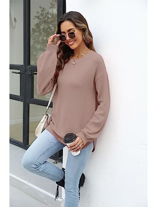 Etcyy New Women's 2023 Sweaters Trendy Fall Waffle Knit Sweater Tops Long Balloon Sleeve Loose Pullover Jumper