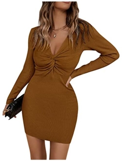 Zeagoo Twist Front Bodycon Sweater Dress Long Sleeve Deep V Neck Knitted Dress Stretchable Mini Dress