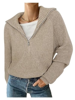 Vivilli Womens Half Zip Pullover Sweaters Long Sleeve Casual V Neck Collar Tops