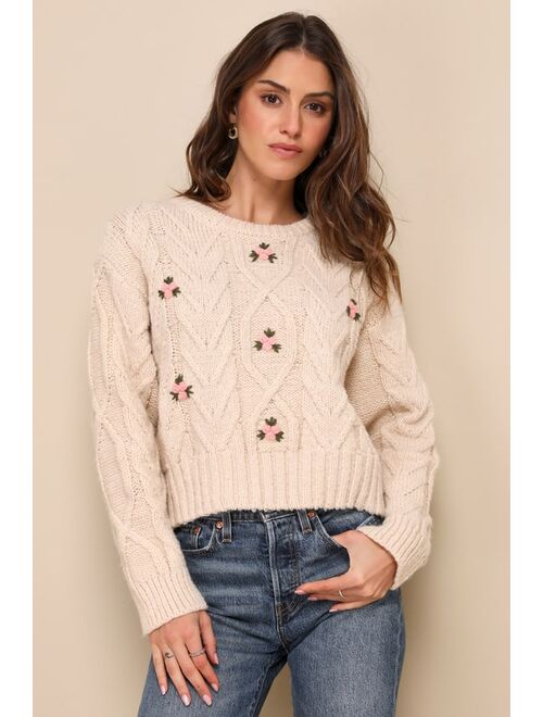 Lulus Cuddly Darling Beige Floral Cable Knit Pullover Sweater