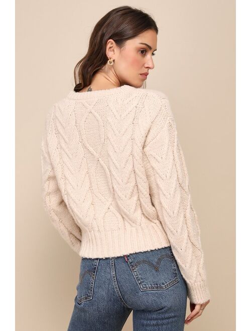 Lulus Cuddly Darling Beige Floral Cable Knit Pullover Sweater