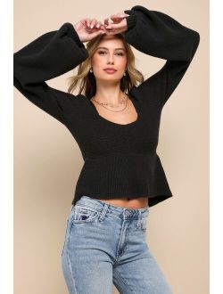 Chic Snuggles Black Balloon Sleeve Peplum Sweater