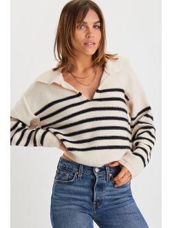 Timeless Energy Ivory Striped Collared Pullover Sweater