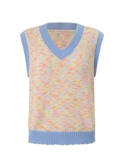 Women's Sleeveless V Neck Ribbed Knit Split Pullover Sweater Vest