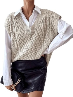 Women's Sleeveless V Neck Ribbed Knit Split Pullover Sweater Vest