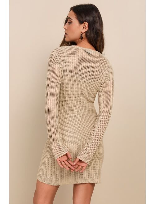 Lulus Impressive Charisma Beige Crochet Long Sleeve Mini Sweater Dress