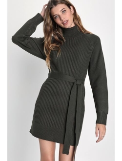 Cozy Circumstance Beige Ribbed Knit Turtleneck Mini Dress