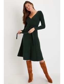 Warm Emotions Emerald Green Skater Midi Sweater Dress