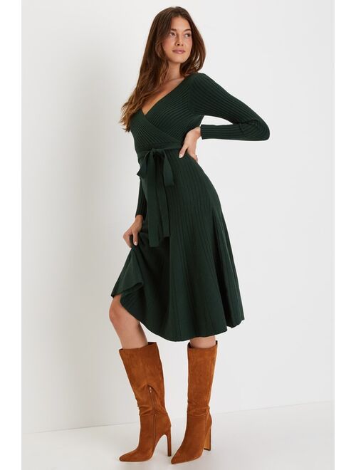 Lulus Warm Emotions Emerald Green Skater Midi Sweater Dress