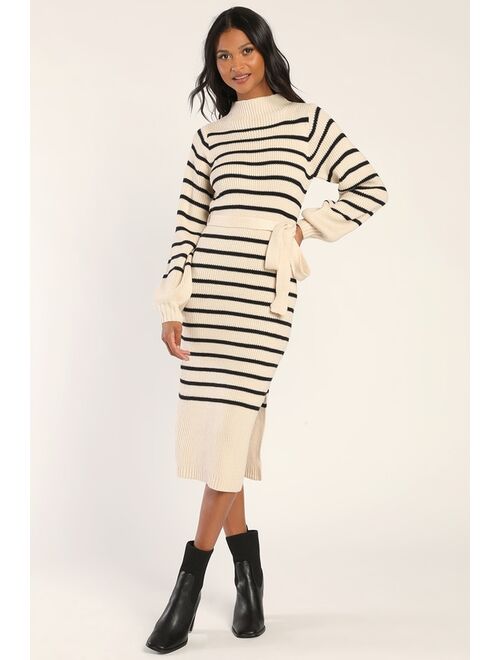 Lulus Stripe Things Up Black Striped Mock Neck Bodycon Sweater Dress