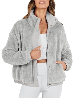 Women Sherpa Fleece Jackets Casual Long Sleeve Buttons Cropped Coat Winter Outwear