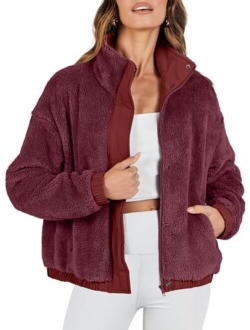 Women Sherpa Fleece Jackets Casual Long Sleeve Buttons Cropped Coat Winter Outwear