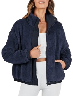 Women Sherpa Fleece Jackets Casual Long Sleeve Buttons Cropped Coat Winter Outwear