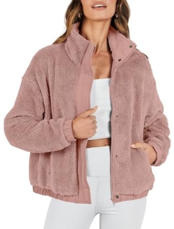 Women Sherpa Fleece Jackets Casual Long Sleeve Buttons Cropped Coat Winter Outwear