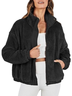 Women Sherpa Fleece Jackets Casual Long Sleeve Buttons Cropped Coat Winter Outwear