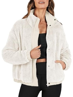 Women Sherpa Fleece Jackets Casual Long Sleeve Buttons Cropped Coat Winter Outwear