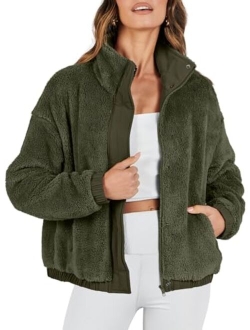 Women Sherpa Fleece Jackets Casual Long Sleeve Buttons Cropped Coat Winter Outwear