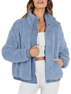 Women Sherpa Fleece Jackets Casual Long Sleeve Buttons Cropped Coat Winter Outwear