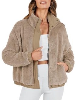 Women Sherpa Fleece Jackets Casual Long Sleeve Buttons Cropped Coat Winter Outwear