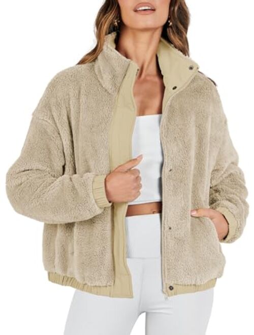 ANRABESS Women Sherpa Fleece Jackets Casual Long Sleeve Buttons Cropped Coat Winter Outwear