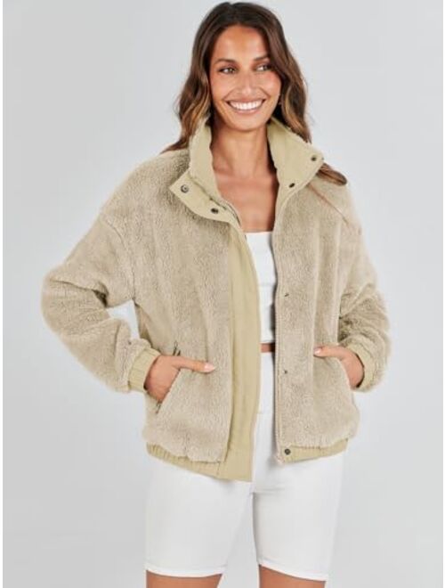 ANRABESS Women Sherpa Fleece Jackets Casual Long Sleeve Buttons Cropped Coat Winter Outwear