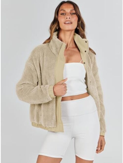 ANRABESS Women Sherpa Fleece Jackets Casual Long Sleeve Buttons Cropped Coat Winter Outwear